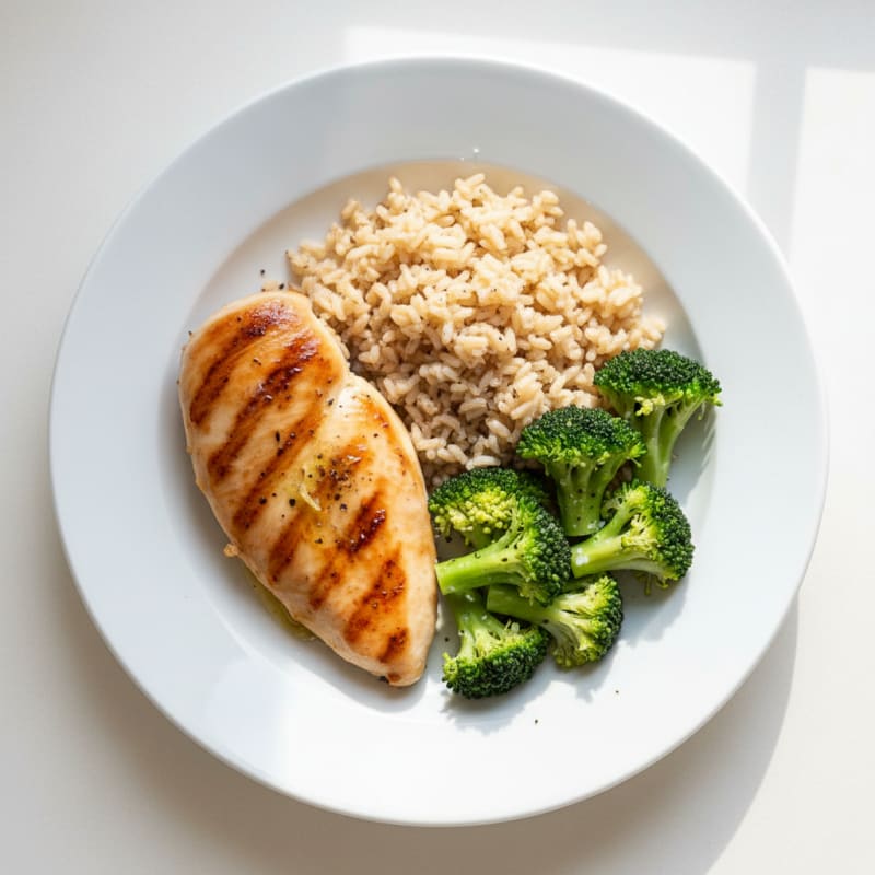 Grilled Chicken Breast with Steamed Broccoli and Brown Rice