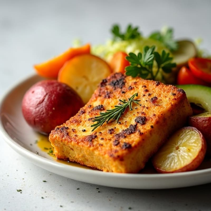 Crispy Tofu with Roasted Potatoes and Savory Vegetables