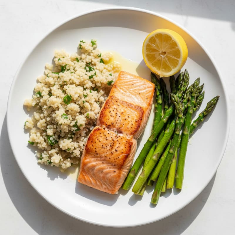 Seared Salmon Fillet with Roasted Asparagus and Quinoa
