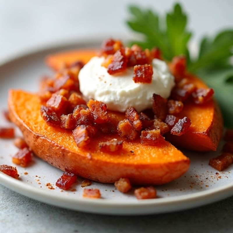 Crispy Sweet Potato Wedges with Turkey Bacon Crumbles