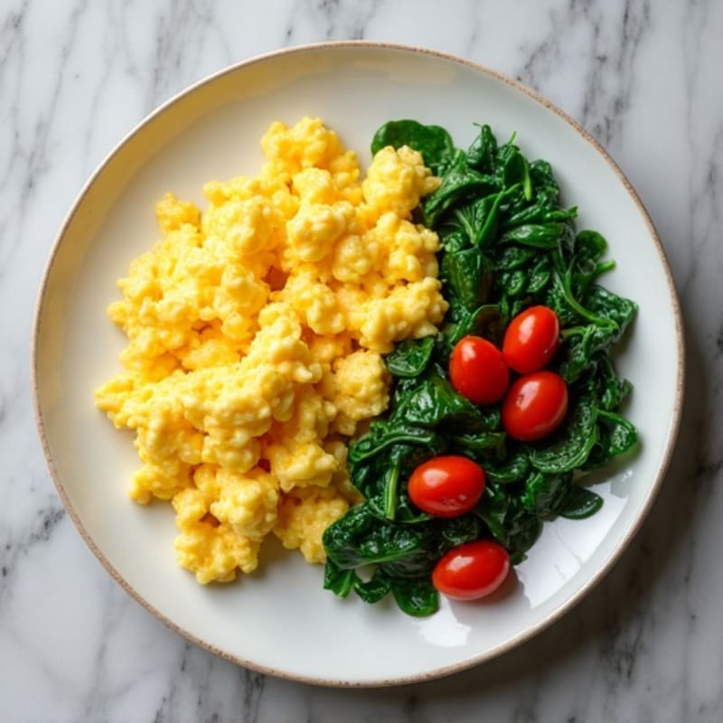 Fluffy Scrambled Eggs with Sautéed Spinach and Cherry Tomatoes