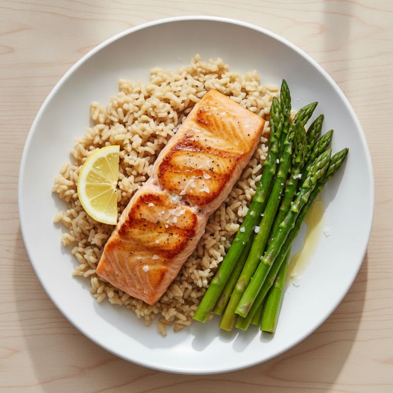 Seared Salmon with Steamed Asparagus and Brown Rice