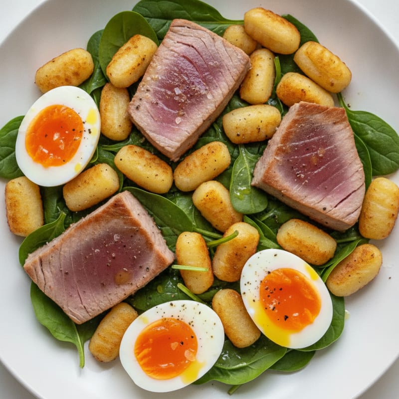 Pan-Seared Tuna with Crispy Gnocchi and Jammy Eggs