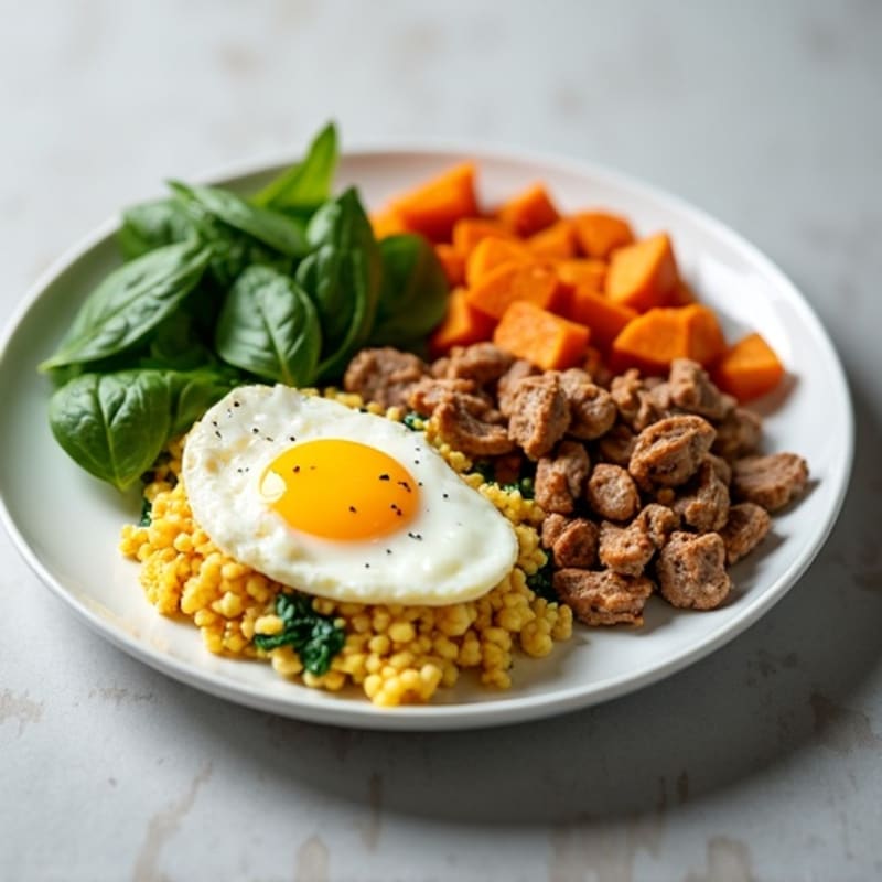 Egg White and Spinach Scramble with Sautéed Turkey and Roasted Sweet Potato