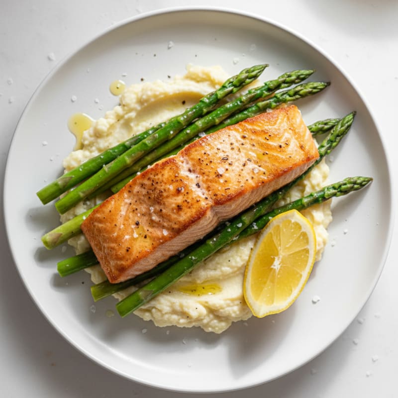 Seared Salmon with Steamed Asparagus and Garlic Mashed Cauliflower