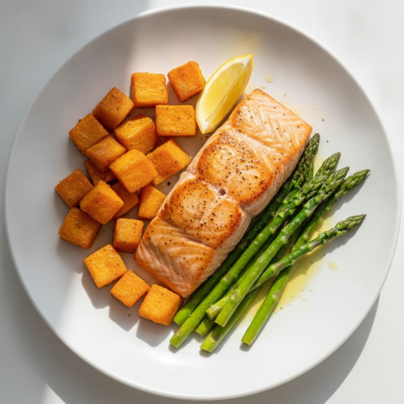 Seared Salmon Fillet with Roasted Sweet Potato and Asparagus