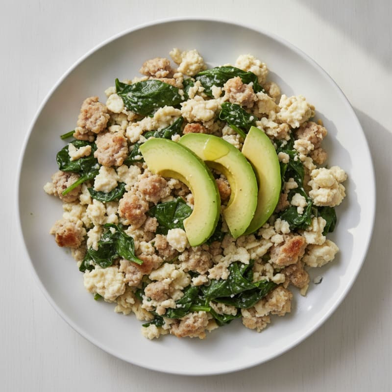 Egg White and Turkey Sausage Scramble with Sautéed Spinach