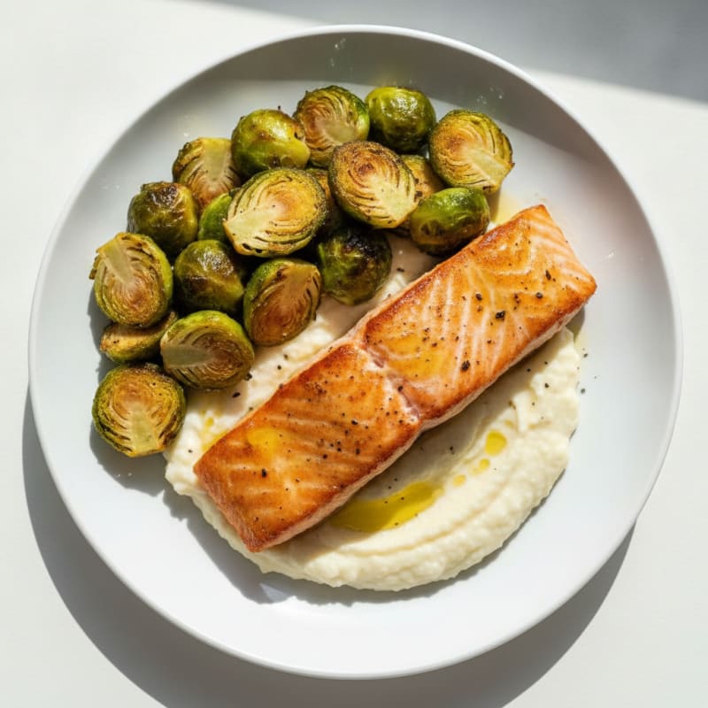 Seared Salmon with Roasted Brussels Sprouts and Cauliflower Mash