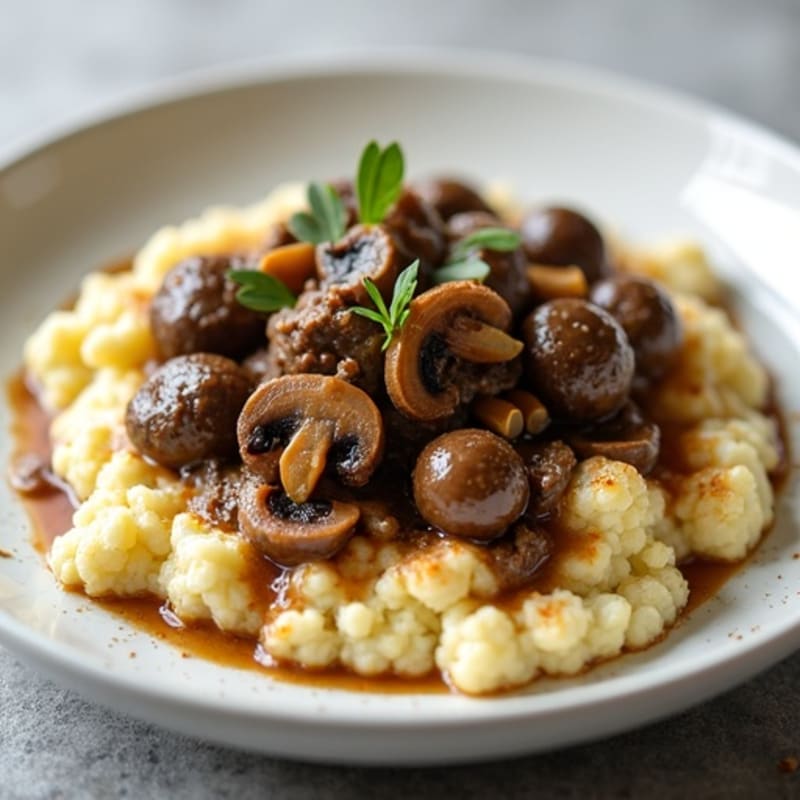 Slow-Cooked Beef with Rich Mushroom Gravy and Creamy Mashed Cauliflower