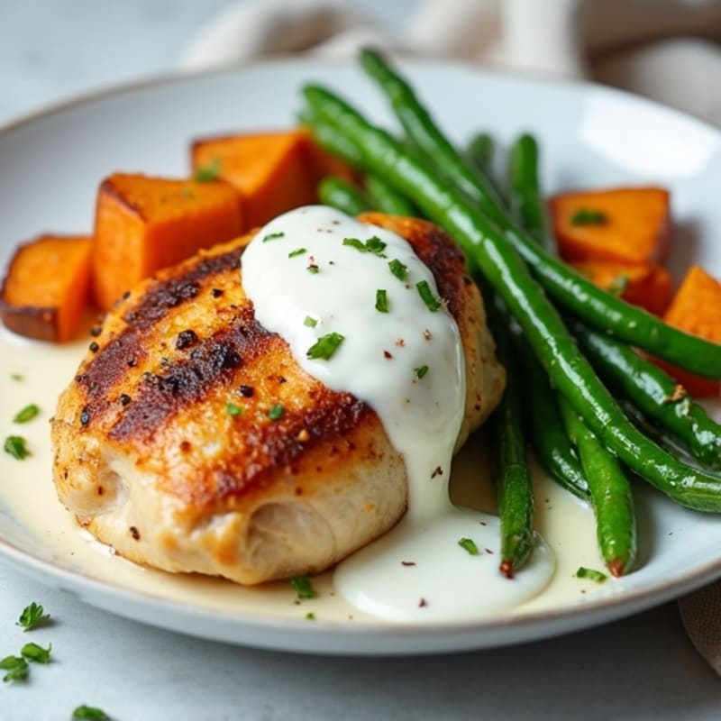 Creamy Garlic Chicken with Roasted Sweet Potatoes and Crispy Green Beans