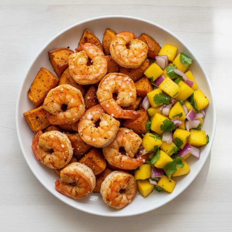 Pan-Seared Shrimp with Roasted Sweet Potatoes and Mango Salsa