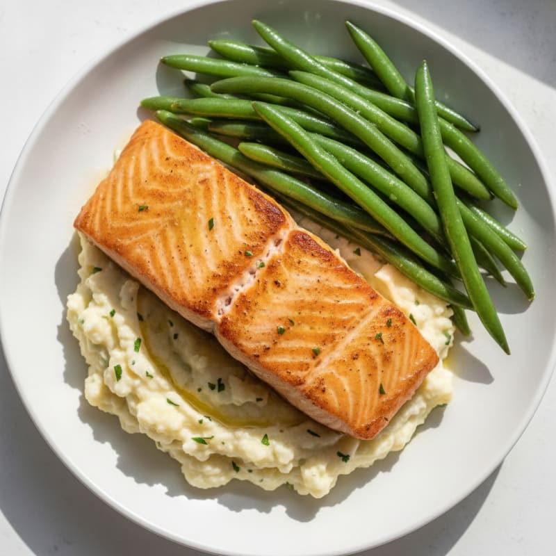 Seared Salmon with Steamed Green Beans and Garlic Mashed Cauliflower