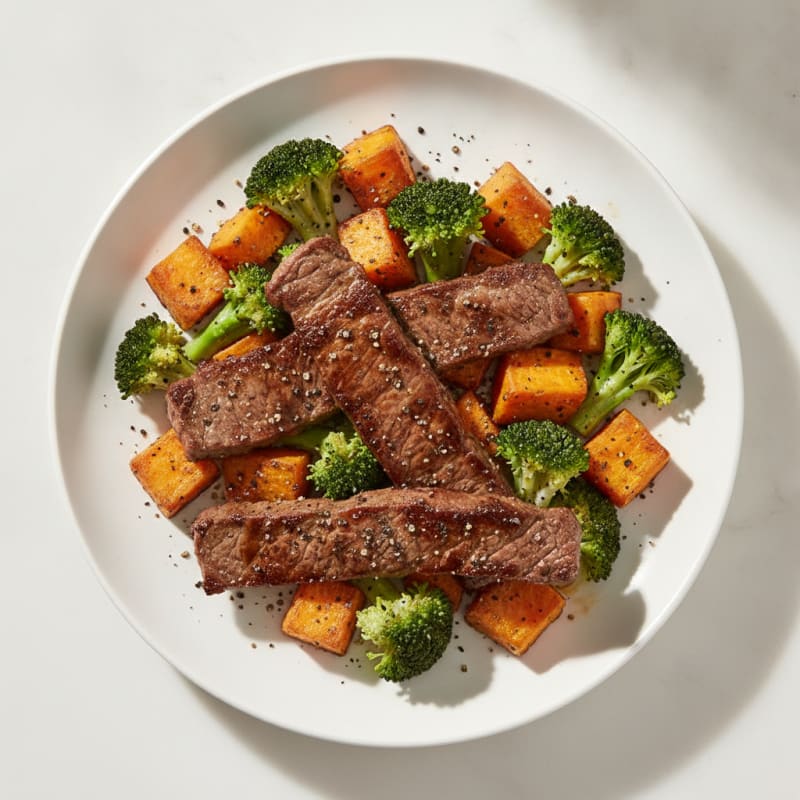 Seared Beef Strips with Roasted Sweet Potato and Steamed Broccoli