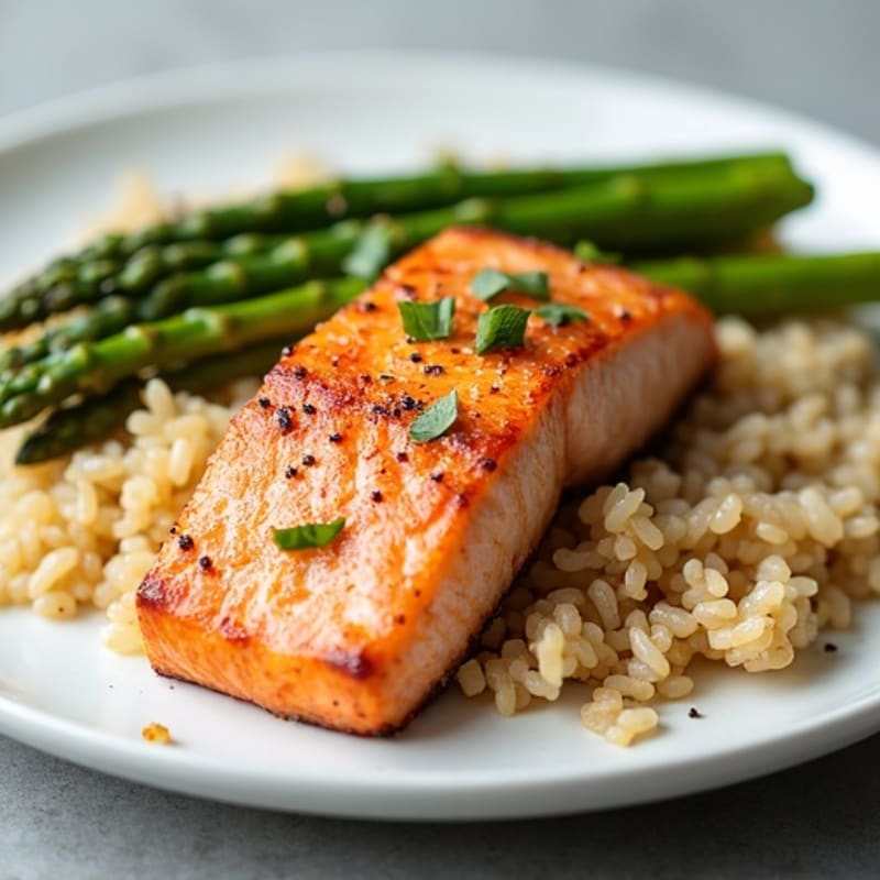 Seared Salmon Filet with Steamed Asparagus and Brown Rice