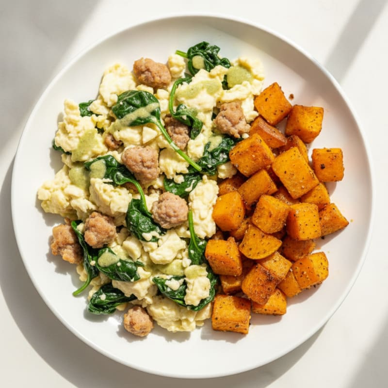 Egg White and Turkey Sausage Scramble with Spinach and Roasted Sweet Potato