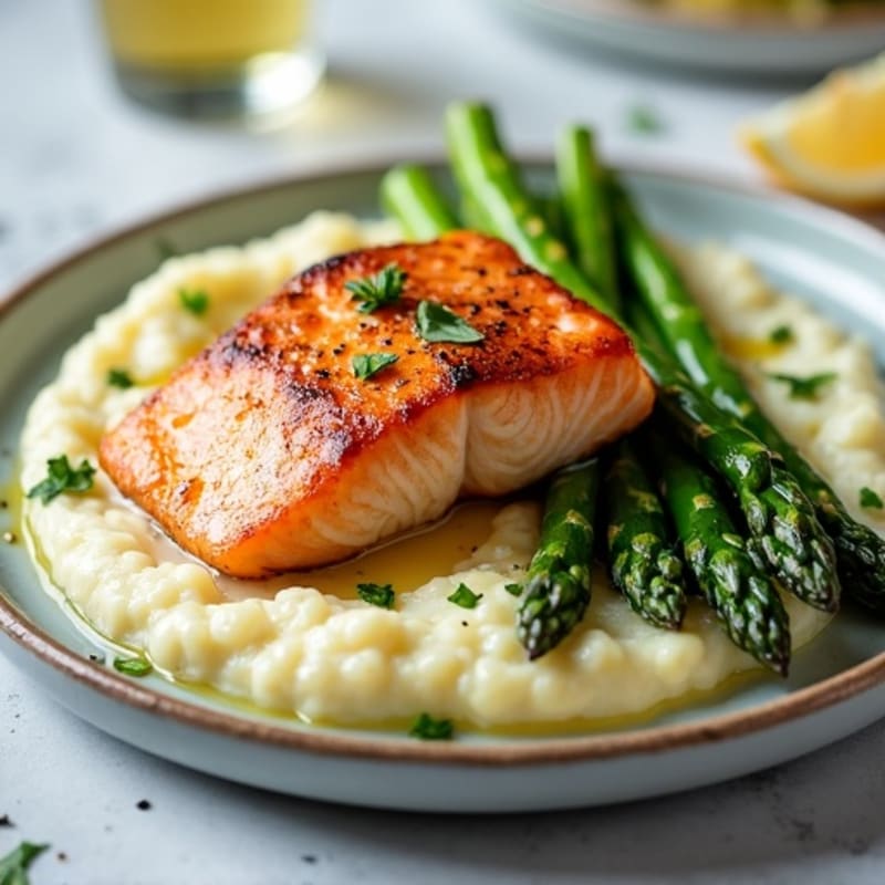 Seared Salmon with Steamed Asparagus and Garlic Cauliflower Mash