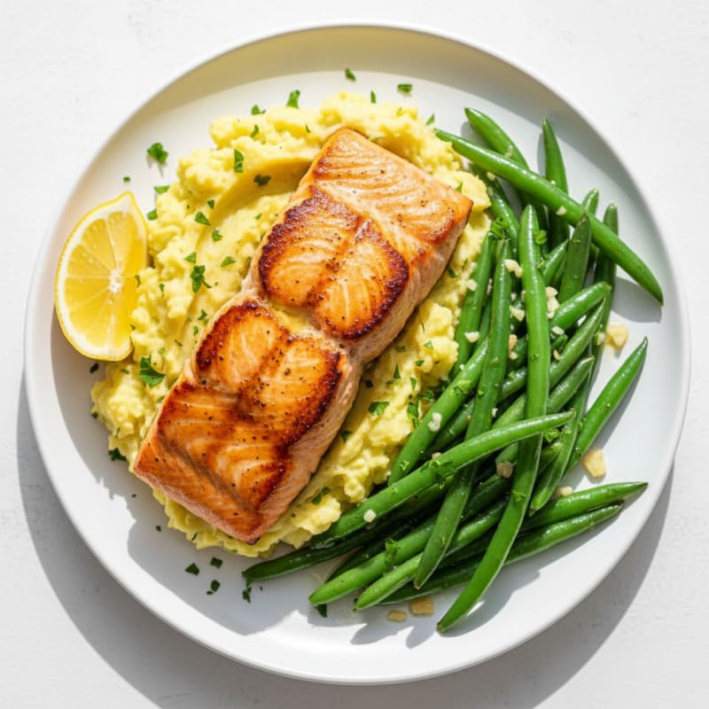 Seared Salmon with Garlic Green Beans and Herb Mashed Potatoes