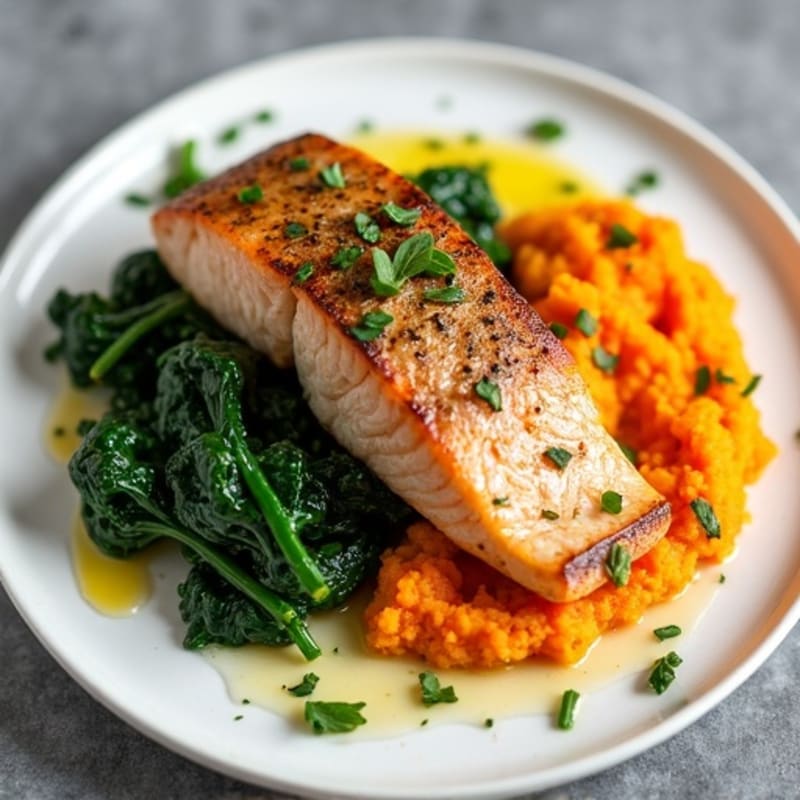 Seared Salmon with Garlic Spinach and Sweet Potato Mash