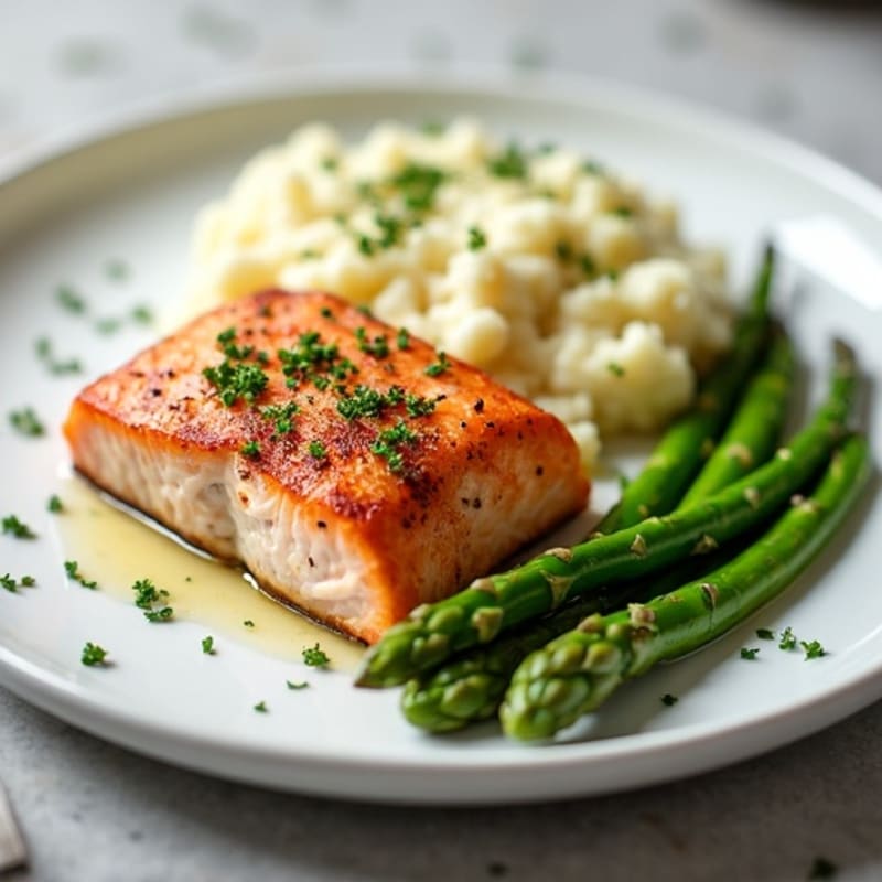 Baked Salmon with Steamed Asparagus and Garlic Mashed Cauliflower