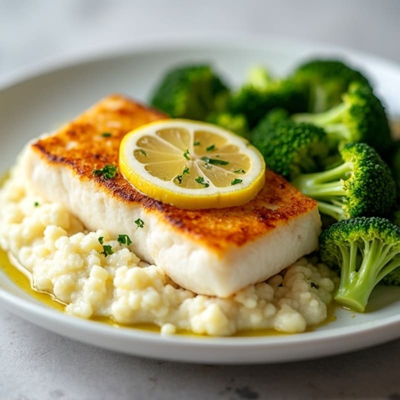 Seared Cod with Steamed Broccoli and Cauliflower Mash