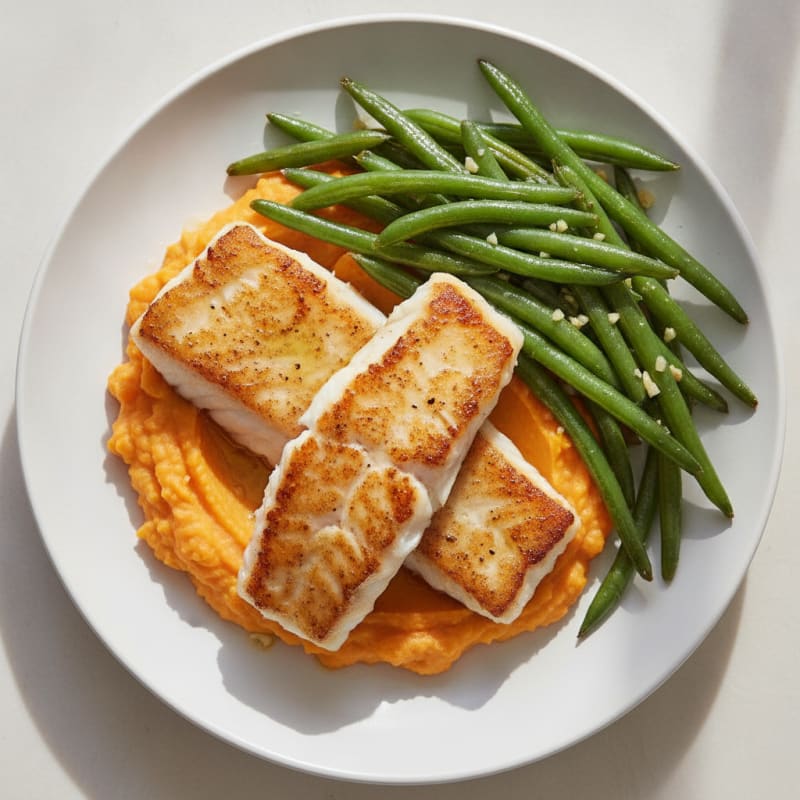 Seared Cod with Garlic Green Beans and Sweet Potato Mash