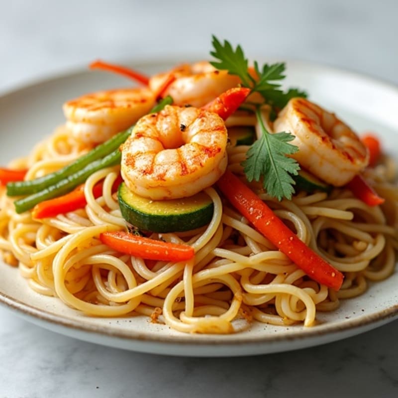 Pan-Seared Shrimp with Peanut-Lime Rice Noodles and Fresh Crispy Vegetables