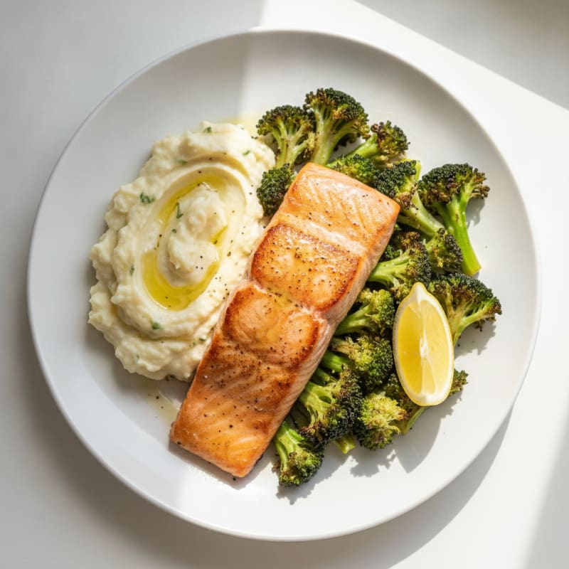 Seared Salmon with Roasted Broccoli and Garlic Mashed Cauliflower
