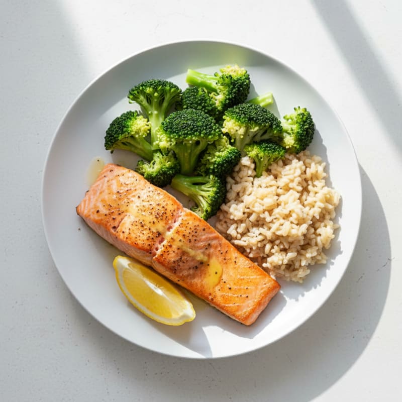 Seared Salmon with Steamed Broccoli and Brown Rice