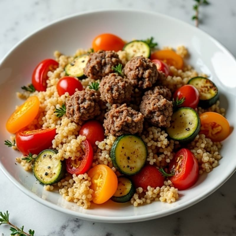 Lean Ground Beef and Fluffy Quinoa Skillet with Roasted Vegetables