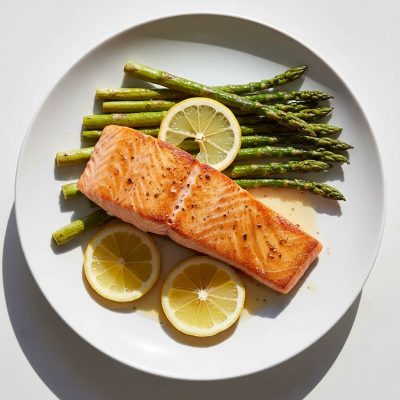 Seared Salmon Fillet with Roasted Asparagus and Lemon