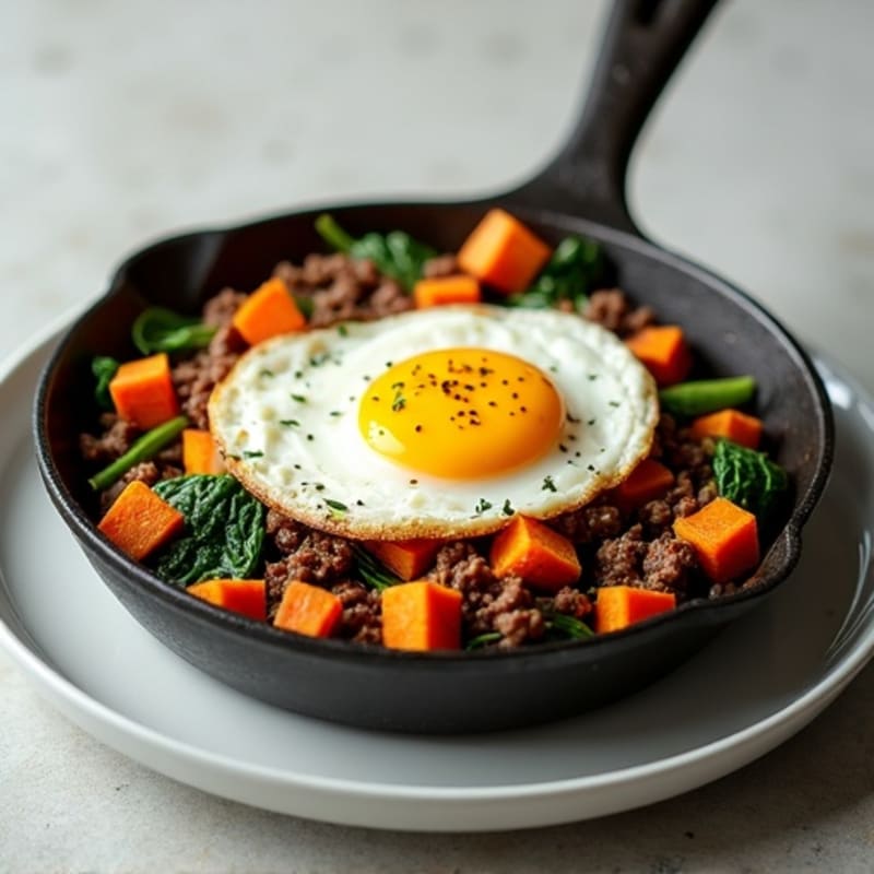 Lean Ground Beef Skillet with Crispy Sweet Potatoes and Greens