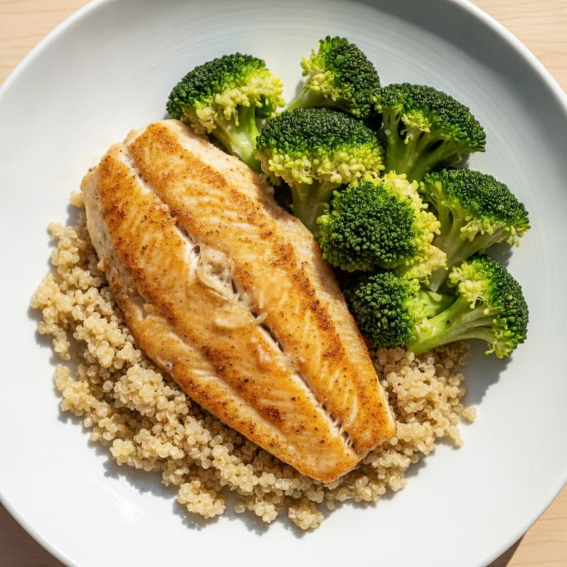 Seared Tilapia with Steamed Broccoli and Quinoa