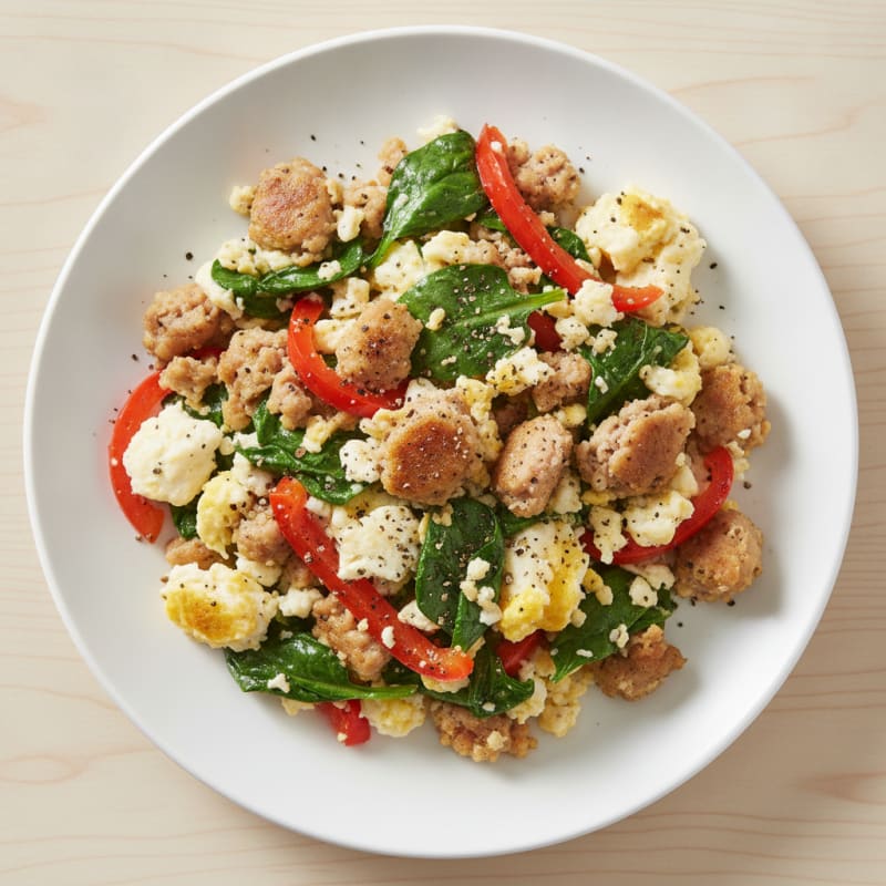 Egg White and Turkey Sausage Scramble with Sautéed Spinach