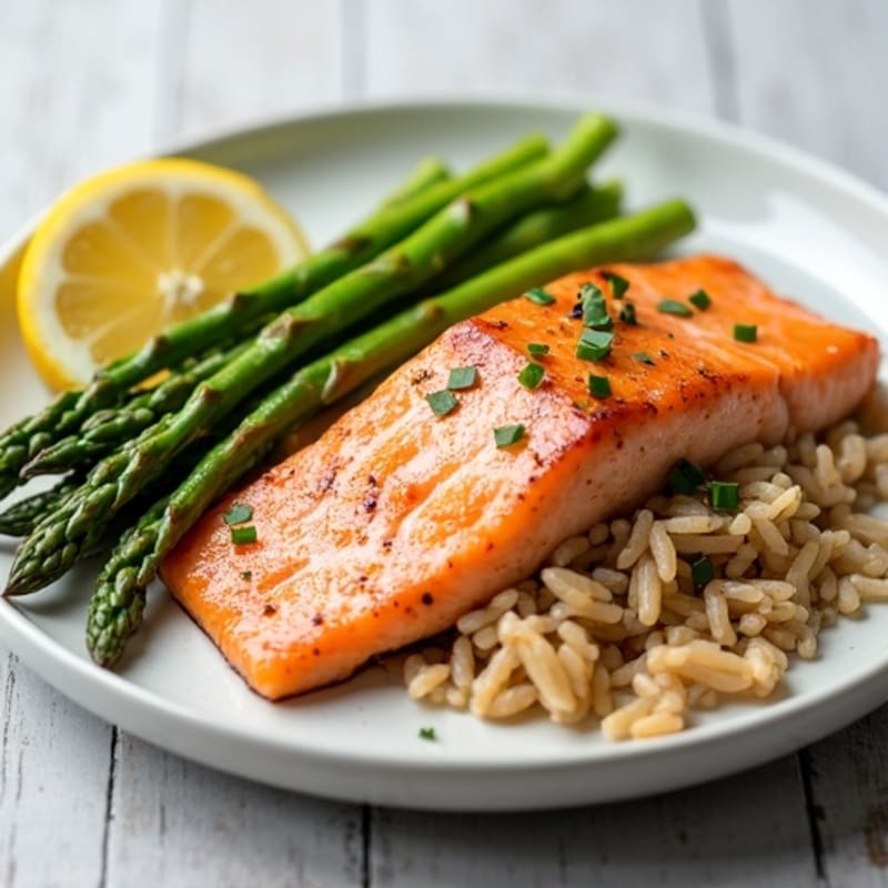 Seared Salmon with Steamed Asparagus and Brown Rice