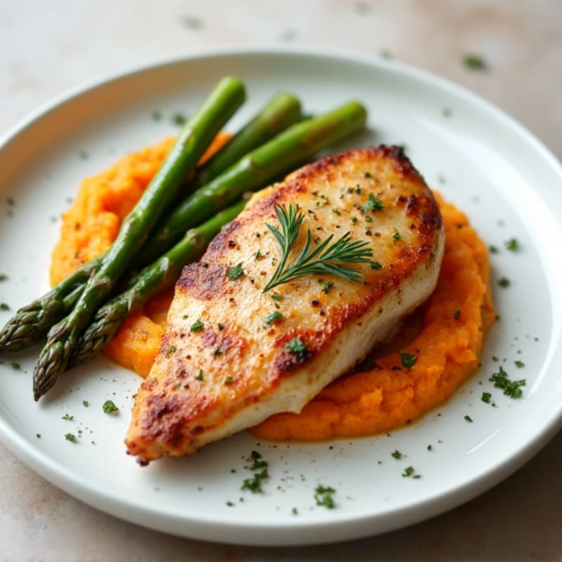 Seared Chicken Breast with Roasted Asparagus and Sweet Potato Mash