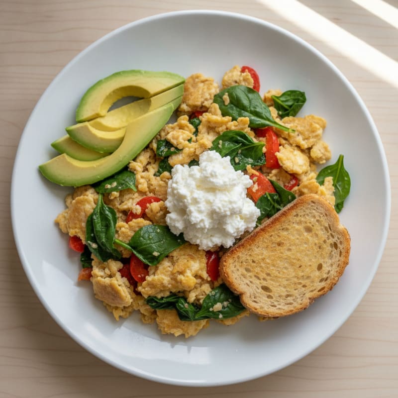 Egg White Veggie Scramble with Cottage Cheese and Spinach