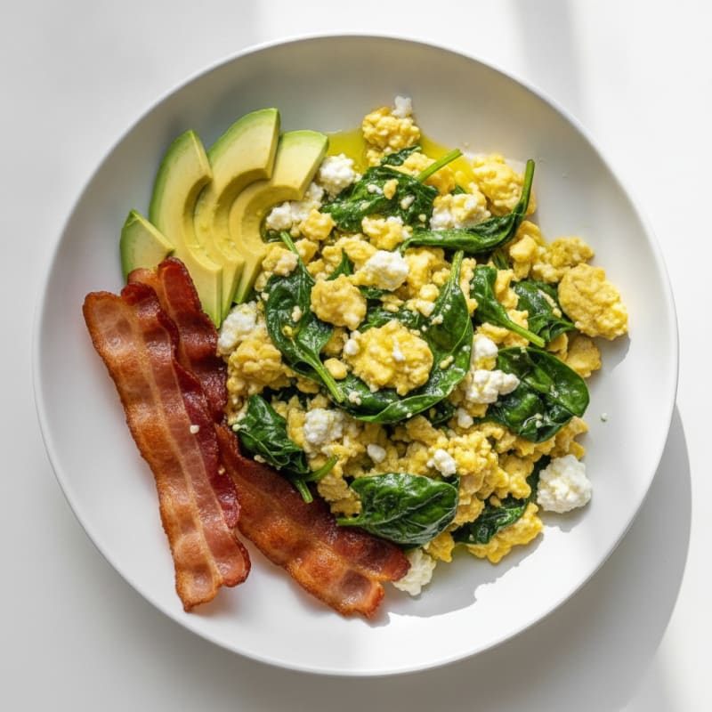 Cottage Cheese Egg Scramble with Spinach and Turkey Bacon