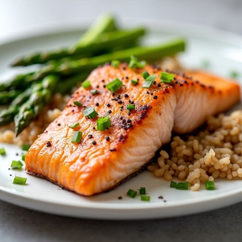 Seared Salmon Fillet with Steamed Asparagus and Brown Rice