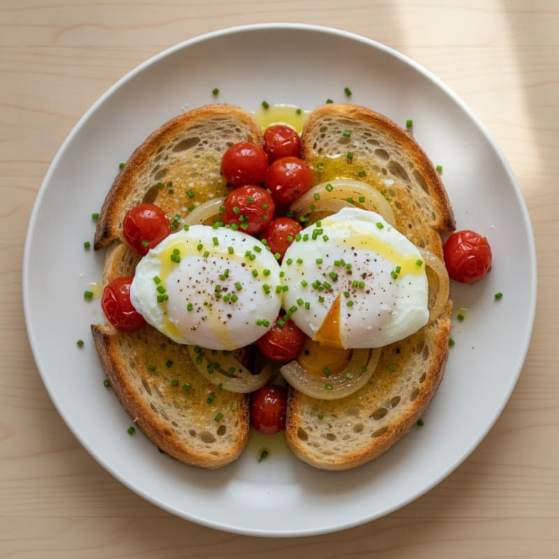 Poached Eggs on Sourdough with Steamed Tomatoes and Onion