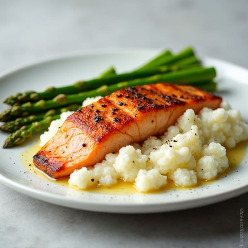 Seared Salmon with Steamed Asparagus and Garlic Mashed Cauliflower