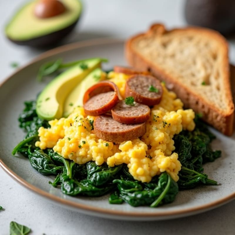 Egg White Scramble with Chicken Sausage and Sautéed Spinach