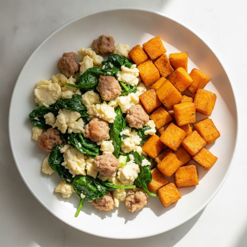 Egg White and Turkey Sausage Scramble with Spinach and Roasted Sweet Potato
