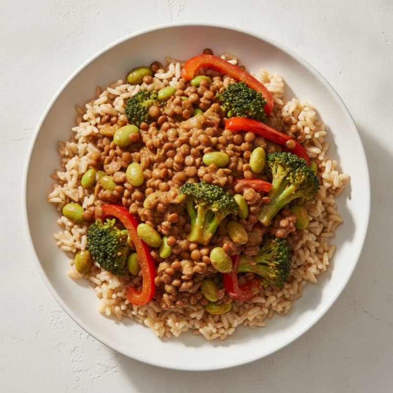 Creamy Lentil and Vegetable Stir-Fry with Edamame and Brown Rice