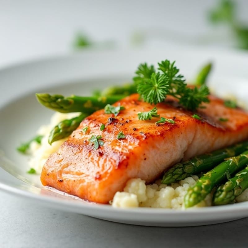 Seared Salmon with Steamed Asparagus and Garlic Mashed Cauliflower