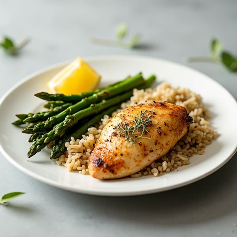 Lemon Herb Roasted Chicken with Crispy Asparagus, Green Beans, and Brown Rice