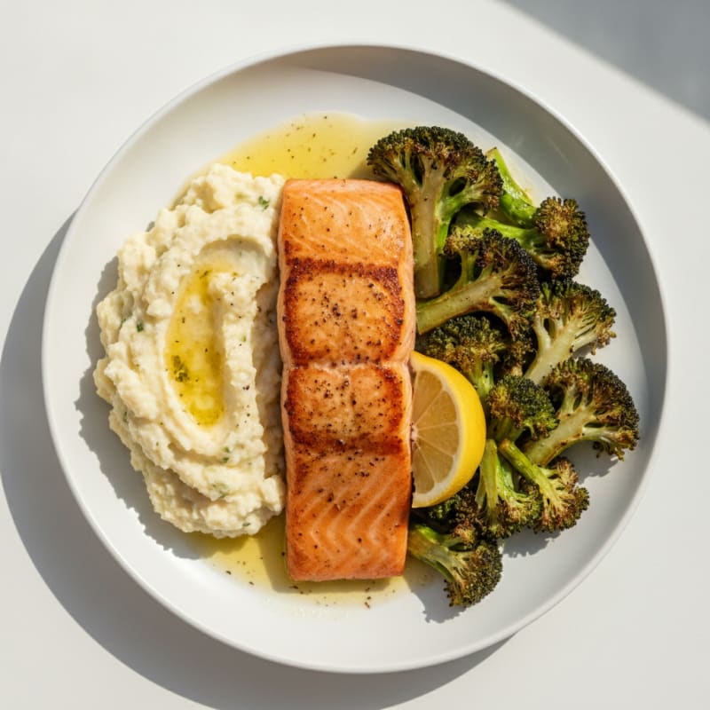 Seared Salmon with Roasted Broccoli and Cauliflower Mash