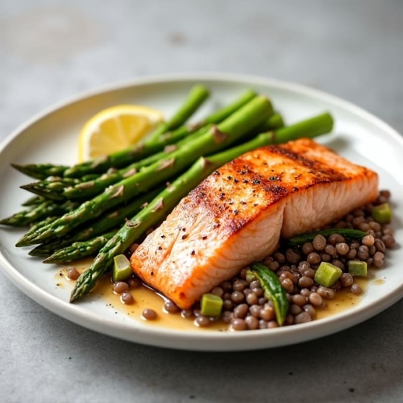 Seared Salmon Fillet with Steamed Asparagus and Lentil Salad