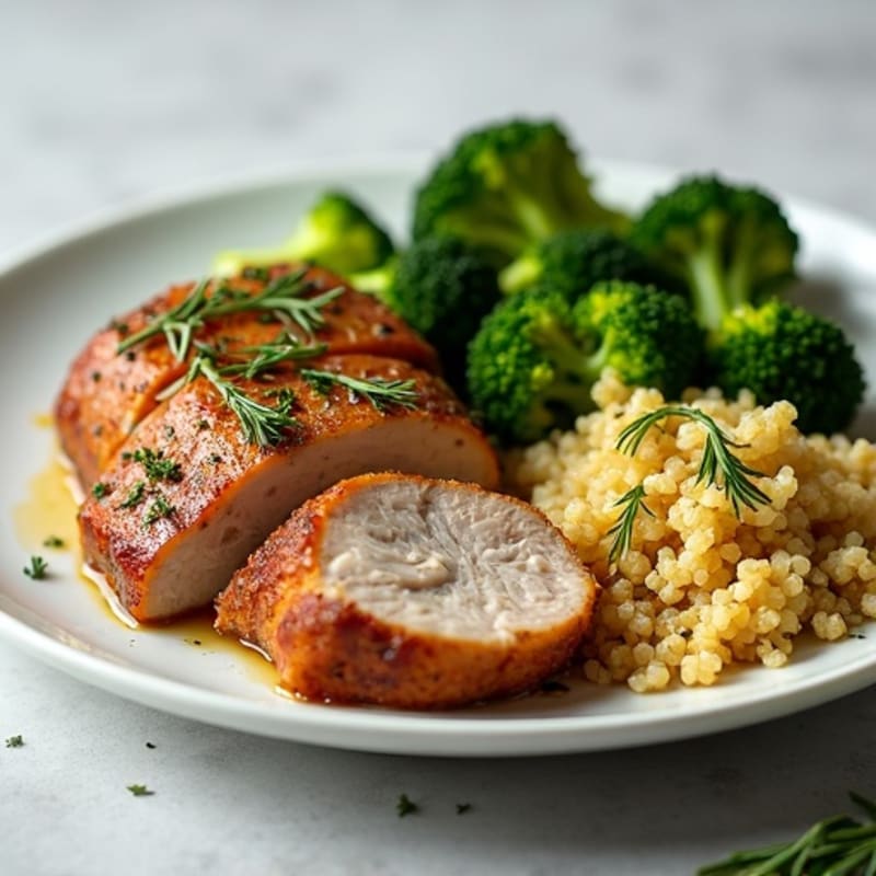 Herb-Roasted Pork Tenderloin with Steamed Broccoli and Quinoa