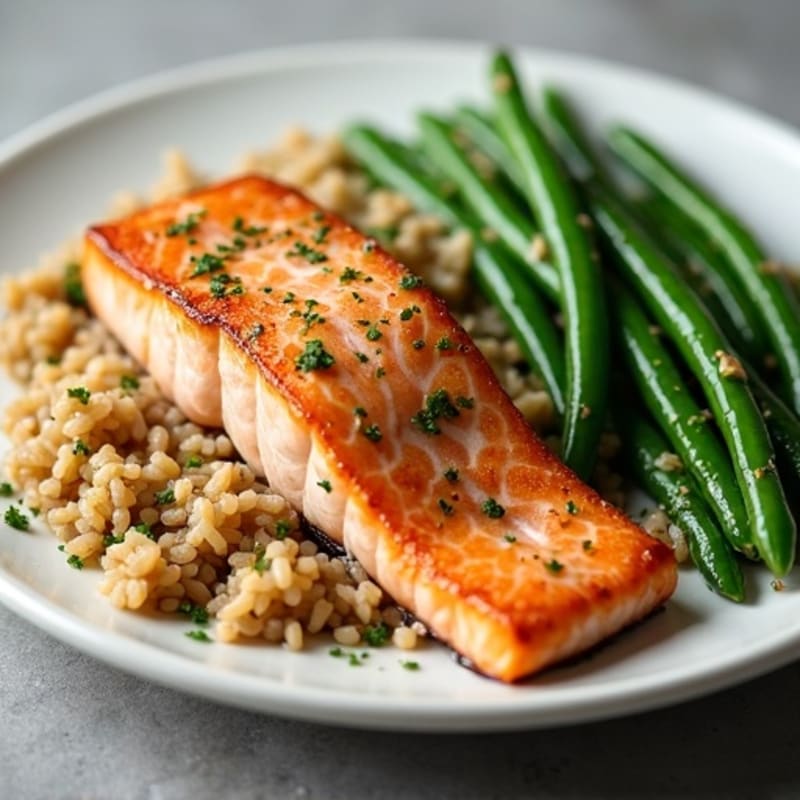 Seared Salmon Fillet with Garlic Green Beans and Brown Rice