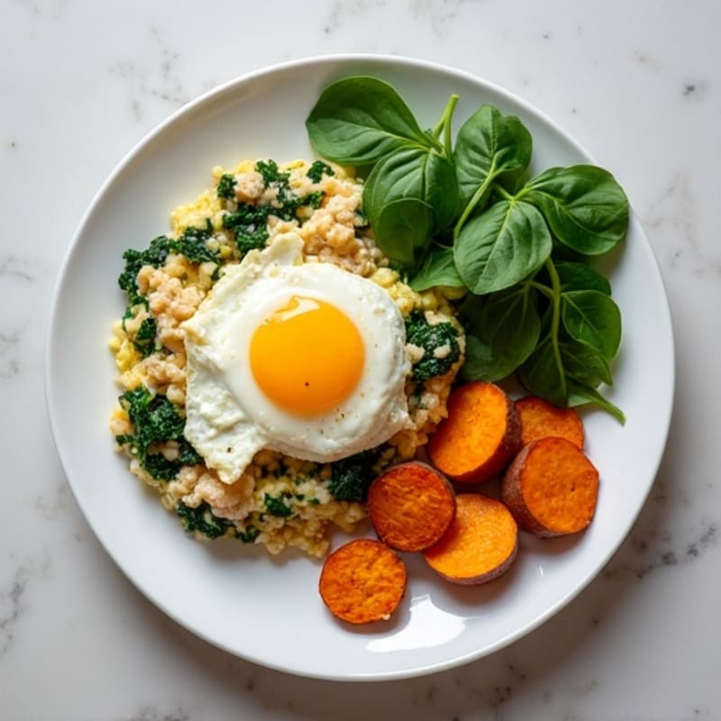 Egg White and Turkey Spinach Scramble with Roasted Sweet Potatoes